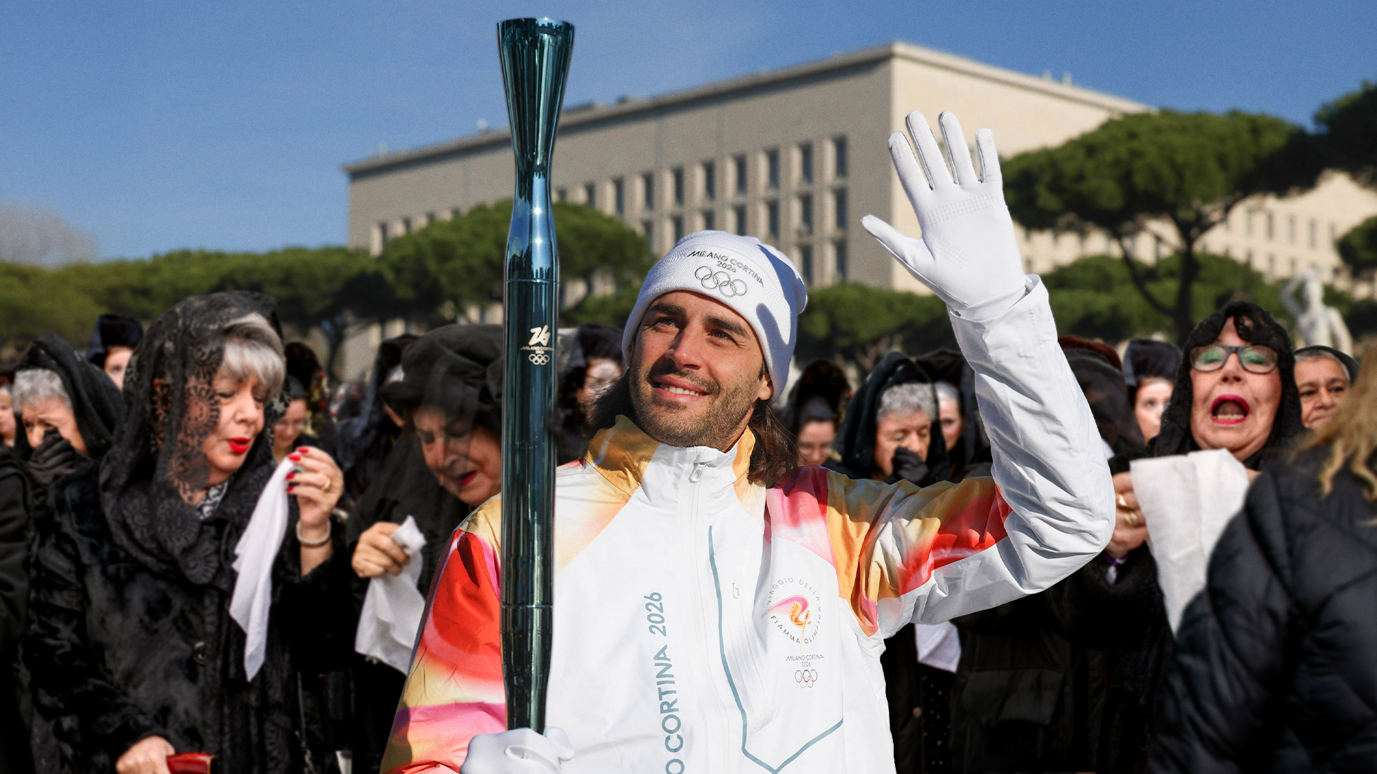 Olympic Torch Followed By Thousands Of Wailing, Black-Shawled Italian Women