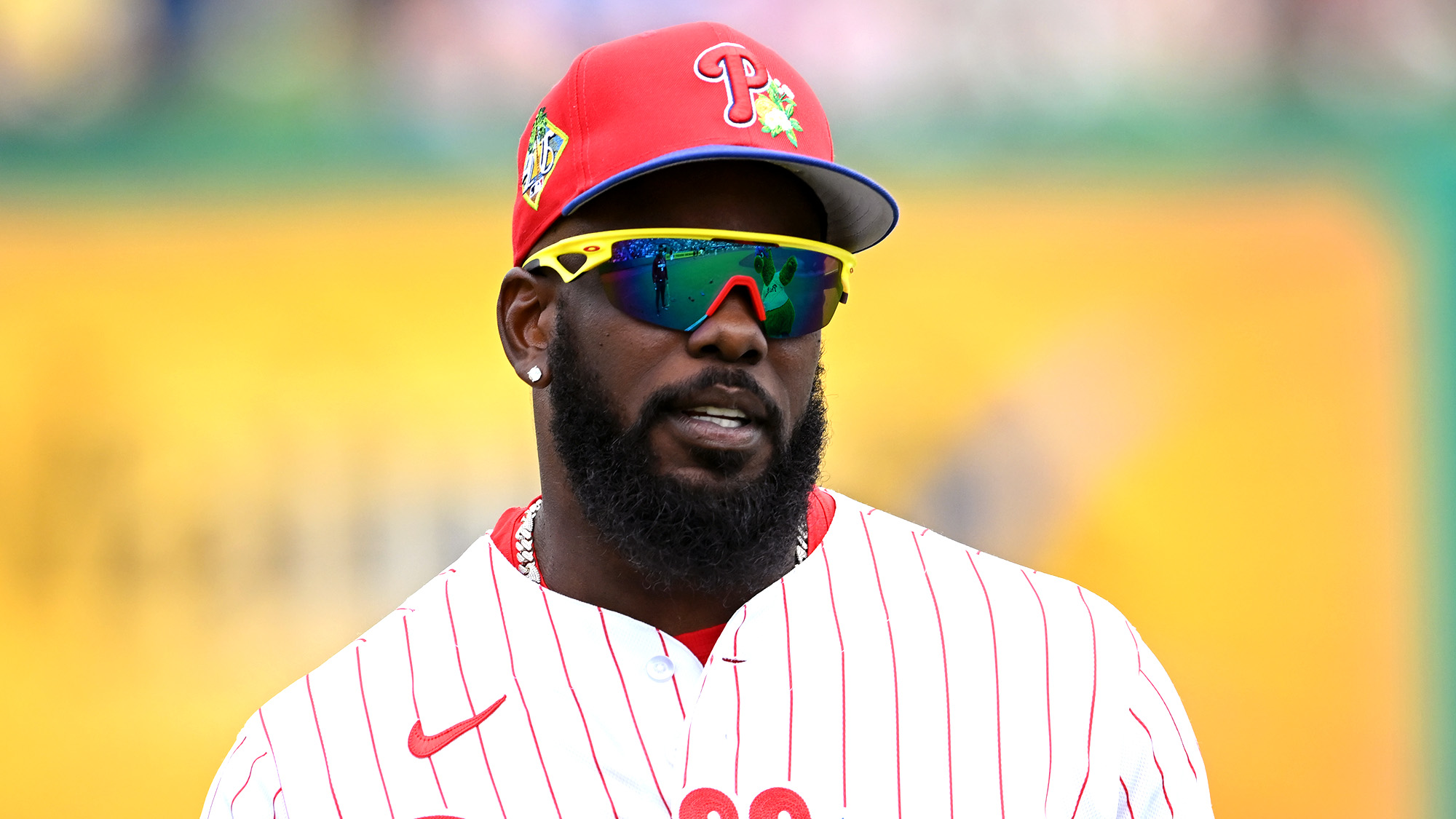 Terrified Adolis García Wondering If Anyone Else Can See Phillie Phanatic