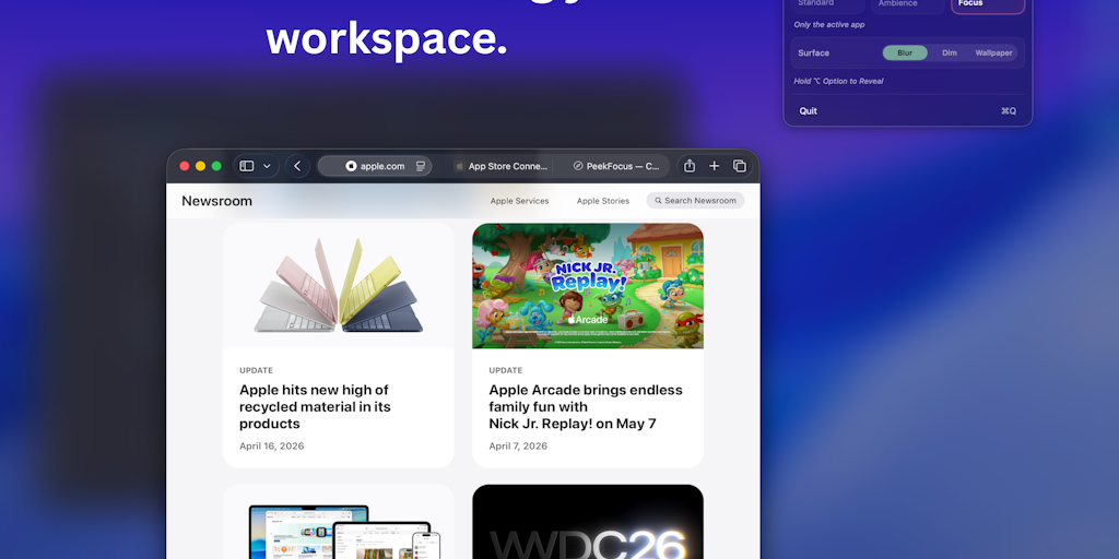 PeekFocus: One keystroke blurs everything behind your active window | Product Hunt