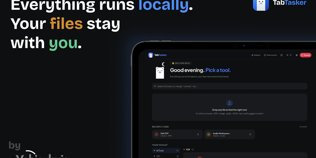 TabTasker: Zero servers. Total privacy. Your new favorite toolbox. | Product Hunt